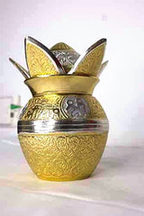 Pujasthali Brass Mangal Kalash (Large) Golden and Silver Plated Decorative Pooja Kalash with Mango Leaves and Coconut (Weight - 308 Grams, Height - 13 cms, Width - 7 cms) | Comes with Red Valvet Box