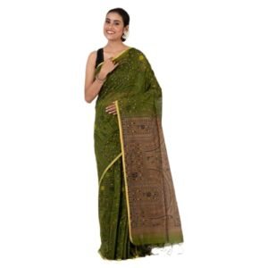 Qadri Weaves Women's Cotton Silk Saree - Olive Green | Madhubani Print Designer Saree for Ladies | Authentic Printed Cotton Saree with Unstiched Blouse Piece