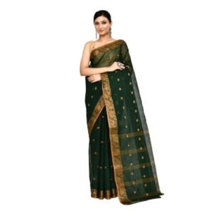 TANTSHREE Women’s Traditional Bengal Tant Handloom Cotton Saree | Pure Cotton | Woven Design | 5.5 Meters | Without Blouse Piece | (Green)