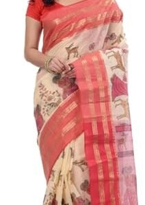 TANTSHREE Women’s Traditional Bengal Tant Handloom Cotton Saree | Pure Cotton | Woven Design | 5.5 Meters | Without Blouse Piece | (Cream)