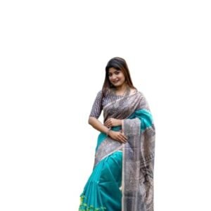 SATYAM COLLECTION Women's Printed Traditional Madhubani Light Blue Saree Handloom Printed Pallu And Fancy Fasseles With Madhubani Blouse Piece