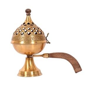 Skywalk Hand Crafted Metal Brass Lobandan Incense Burner with Wooden Handle LD-31