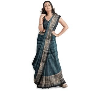 RACHBAI Women's Tussar Ghicha Bhagalpuri madhubani hand printed pure silk saree (Gray & Black)