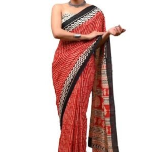 Clothonus Handicrafts Women's Ikat Hand Block Print Jaipuri Cotton Mulmul Saree with Blouse Piece