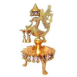 ARTSIKIA Brass Peacock Diya Stand | Golden Color Peacock Lamp with Ghungroos and Bells | Home Decor / Gift Item / Festive Decor