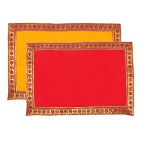 Harroberry Ganpati Cotton Velvet Baithak Assan Size 12 x 18 INCH/Ganpati Rumal/Puja Cloth/Puja Assan/Puja Chowki Aasan Cloth Puja Altar Cloth for Multipurpose Use for Home Mandir Temple (Pack of 2 -Yellow/Red)