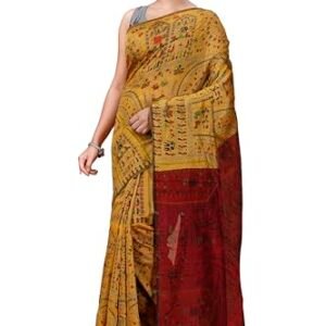 T.J. SAREES Womes's Handloom Cotton Silk Madhubani Block Print Sarees With Blouse Pcs