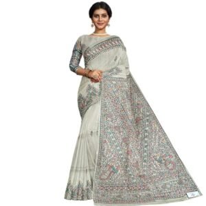 Exquisite Madhubani Hand-Painted Pure Silk Saree - Unique Storytelling Artistry - Indian Traditional Elegance- Classic Beige Saree - Silk Mark Certified