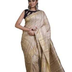 RACHBAI Tussar Ghicha Zari Border pure silk saree with Silk Mark