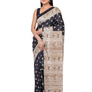 RACHBAI Women's Tussar Ghicha madhubani printed pure silk saree with Unstiched blouse (black)