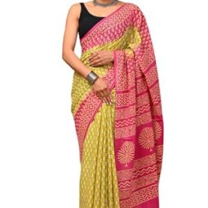 PAHELI JAIPUR Women's Hand Block Mulmul Cotton Saree For Women With Blouse Piece