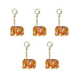 Handicrafts Paradise Wooden Elephant Carved And Painted Key Chains Set Of 5 Pc