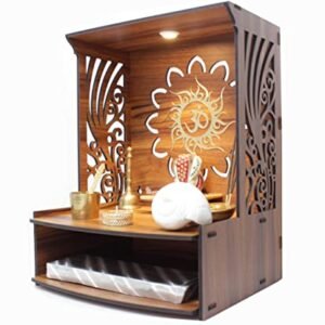 Heartily® Laabh Beautiful Wooden Pooja Stand for Home Pooja Mandir for Home Temple for Home and Office Puja Mandir for Home Wall Mounted with LED Spot Light Size (H- 15.5