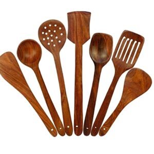 Simran Handicrafts Wooden Serving And Cooking Spoons Wood Brown Spoons Kitchen Utensil Set Of 7 - 8.3 Cm