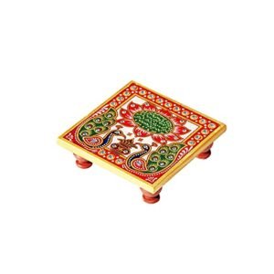 Handicrafts Paradise Peacock Design Painted Marble Chowki (10.2 cm x 10.2 cm x 2.55 cm)