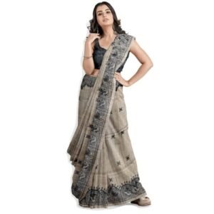 RACHBAI Women's Tussar Ghicha Bhagalpuri madhubani hand printed pure silk saree (Beige & Black)