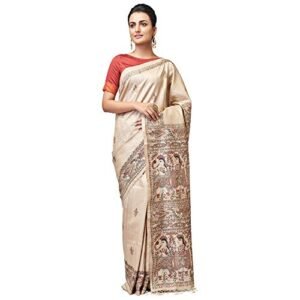 Silk Only Women's Red Bhagalpuri Traditional Madhubani Tussar Silk Saree(S181)