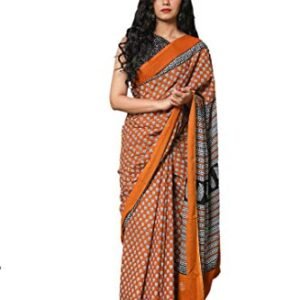 Kiaaron Handicrafts Women's Ikat Hand Block Print Jaipuri Cotton Mulmul Saree with Blouse Piece