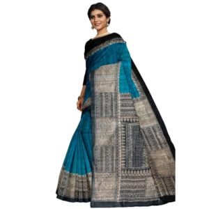 RACHBAI Pure Handloom Tussar Ghicha Madhubani Hand printed pure silk saree with silk Mark certified (Turquoise)