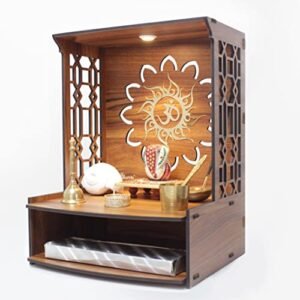 Heartily® Mangal Beautiful Wooden Pooja Stand for Home Pooja Mandir for Home Temple for Home and Office Puja Mandir for Home Wall Mounted with LED Spot Light Size (H- 15.5