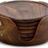 sk handicrafts Wooden Round Drink Coasters Set Of 6 With Decorative Holder | Tabletop Coasters For Tea Coffee Cups. (Brown) 3.5 Inch (Lotus)