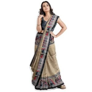 PURE HANDLOOM TUSSAR GHICHA MADHUBANI PRINTED PURE SILK SAREE WITH SILK MARK CERTIFIED (with black blouse)