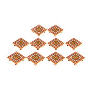 Handicrafts Paradise Marble Chowki Set Of 10 Pc With Intricate Floral Painting By Handicrafts Paradise