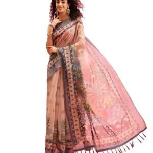 Silk Zone Women's Chanderi Saree With Madhubani Radhe Krishna Design Saree With Blouse Piece