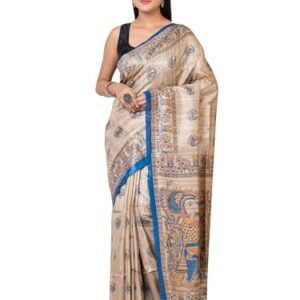 RACHBAI Women's Bhagalpuri Tussar Ghicha madhubani hand printed pure silk saree with Unstiched blouse