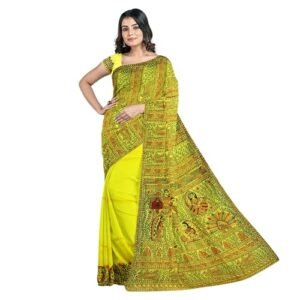 Saras Aajeevika Handcrafted Handpainted Madhubani Pure Chanderi Silk Saree With Unstitched Blouse Piece with Madhubani Painting|Yellow Colour|6.5 Mtr with Blouse 80 cms|Light weight|380 Grms