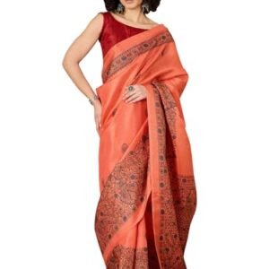 SAREE MALL Women's Orange Tussar Silk Madhubani Printed Ready To Wear one Minute Saree With Unstitched Blouse (RTWFF0MDB8404E_HS)