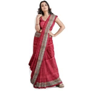 RACHBAI Women's Tussar Ghicha Bhagalpuri madhubani hand printed pure silk saree (RED)