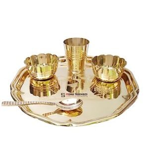 Itisha Treendzs Brass Puja Thali Set Handmade Decorative Laddu Gopal Bhog Thali Aarti Thali Bartan Pooja Set of 5 Pcs