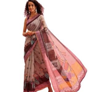 Silk Zone Women's Chanderi Saree With Madhubani Radhe Krishna Design Saree With Blouse Piece