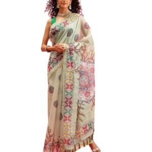 Silk Zone Women's Chanderi Saree With Madhubani Radhe Krishna Design Saree With Blouse Piece