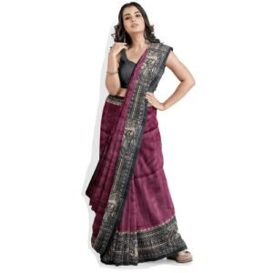 PURE HANDLOOM TUSSAR GHICHA MADHUBANI PRINTED PURE SILK SAREE WITH SILK MARK CERTIFIED (wine & black)