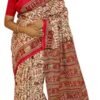 Kheyali Boutique Women Cotton Block Print Beige Red Saree(KB-BL-0229)