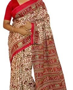 Kheyali Boutique Women Cotton Block Print Beige Red Saree(KB-BL-0229)