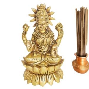 CHAMSON Maa Lakshmi Brass Murti | Lakshmi Ji Sitting Statue | Blessing Lakshmi Ji Murti | Laxmi Ji Murti with Lotus for -Mandir - Home Decore -Office | Gift Item | Brass | Golden