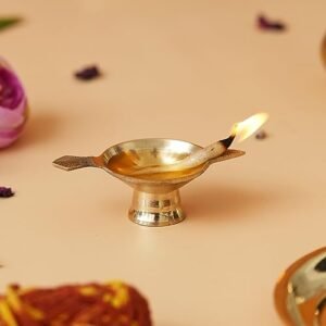 eCraftIndia Golden Decorative Brass Diya with Stand and Holder - Auspicious Diya for Puja Room