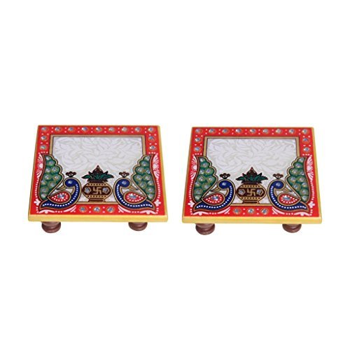 Handicrafts Paradise Kalash Design Marble Pooja Chowki (10.2 cm x 10.2 cm x 2.55 cm