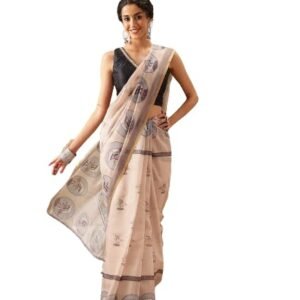 Silk Zone Women's Chanderi Saree With Madhubani Radhe Krishna Design Saree With Blouse Piece