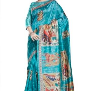 RANI SAAHIBA Women's Printed Art Tussar Silk Madhubani Saree With Blouse Piece