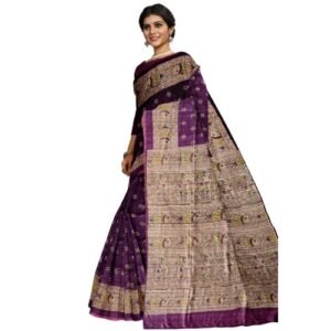 RACHBAI Women's Tussar Ghicha Bhagalpuri madhubani hand printed pure silk saree (Purple)