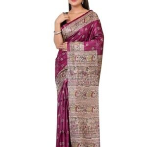 RACHBAI Women's Tussar Ghicha madhubani printed pure silk saree with Unstiched blouse (plum)