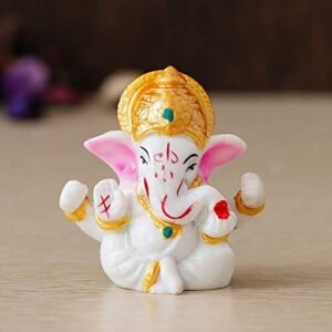 eCraftIndia White Resin Lord Ganesha Idol with Golden Mukut- Lord Ganesha Idol for Home Decor Office Car Dashboard- Ganesha Statue for Puja Room- Ganpati Murti- God Statue Gift for Diwali