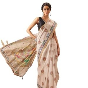 Silk Zone Women's Chanderi Saree With Madhubani Radhe Krishna Design Saree With Blouse Piece