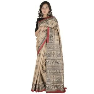 TUSSAR GHICHA MADHUBANI PRINTED PURE SILK SAREE UNSTICH BLOUSE WITH USSILK MARK CERTIFIED (BBR)