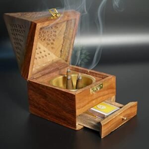 ADA Handicraft Sheesham Wooden Incense Box Holder/Dhoop Stand Ash Catcher Handmade Fragrance Wooden Holder - Large (10 x 10 x 18cm)