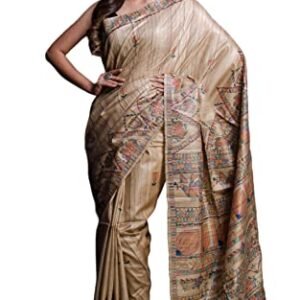 Indian Hand Paint Madhubani Art on Pure Gicha Tussar Silk Saree (Khaki and Multicolored)